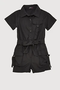 Little Girls Tie Waist Belted Utility Romper, Black, Size 4