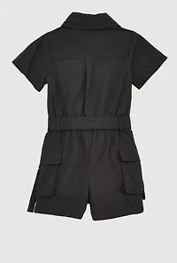 Little Girls Tie Waist Belted Utility Romper, Black, Size 5-6