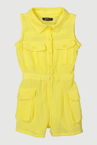 Little Girls Gauze Knit Utility Romper, Yellow, Size 5-6