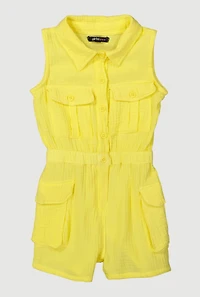 Little Girls Gauze Knit Utility Romper, Yellow, Size 5-6