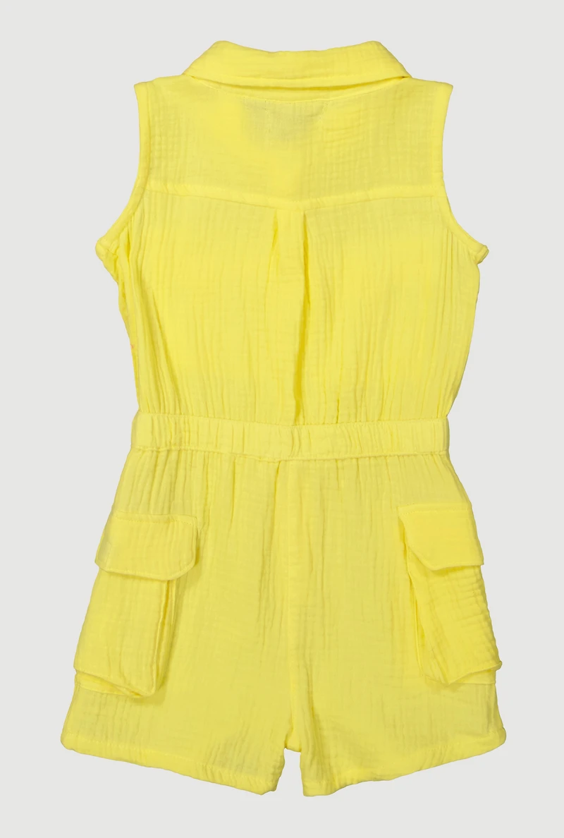 Little Girls Gauze Knit Utility Romper, Yellow, Size 5-6