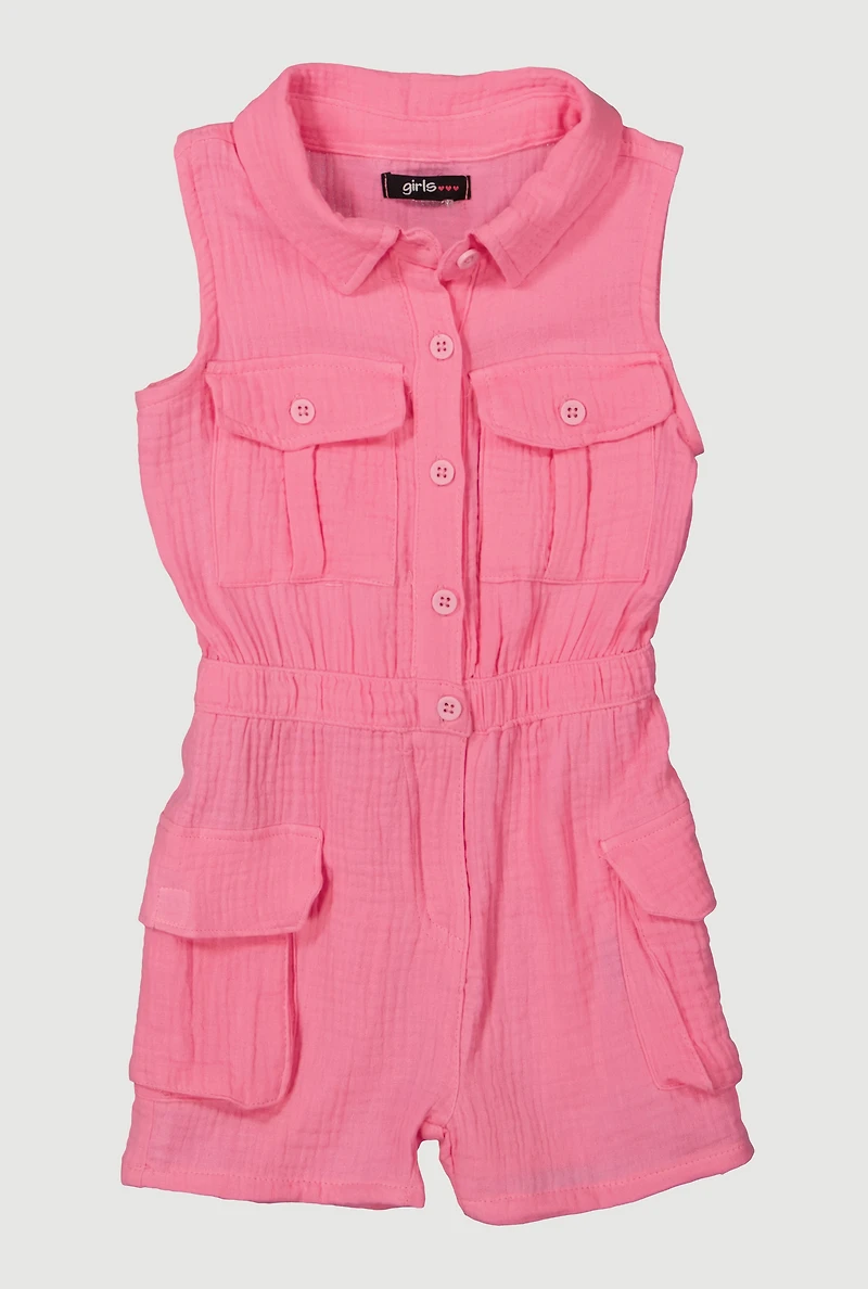 Little Girls Gauze Knit Utility Romper, Pink, Size 6X