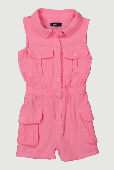 Little Girls Gauze Knit Utility Romper, Pink, Size 6X