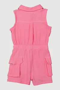 Little Girls Gauze Knit Utility Romper, Pink, Size 6X
