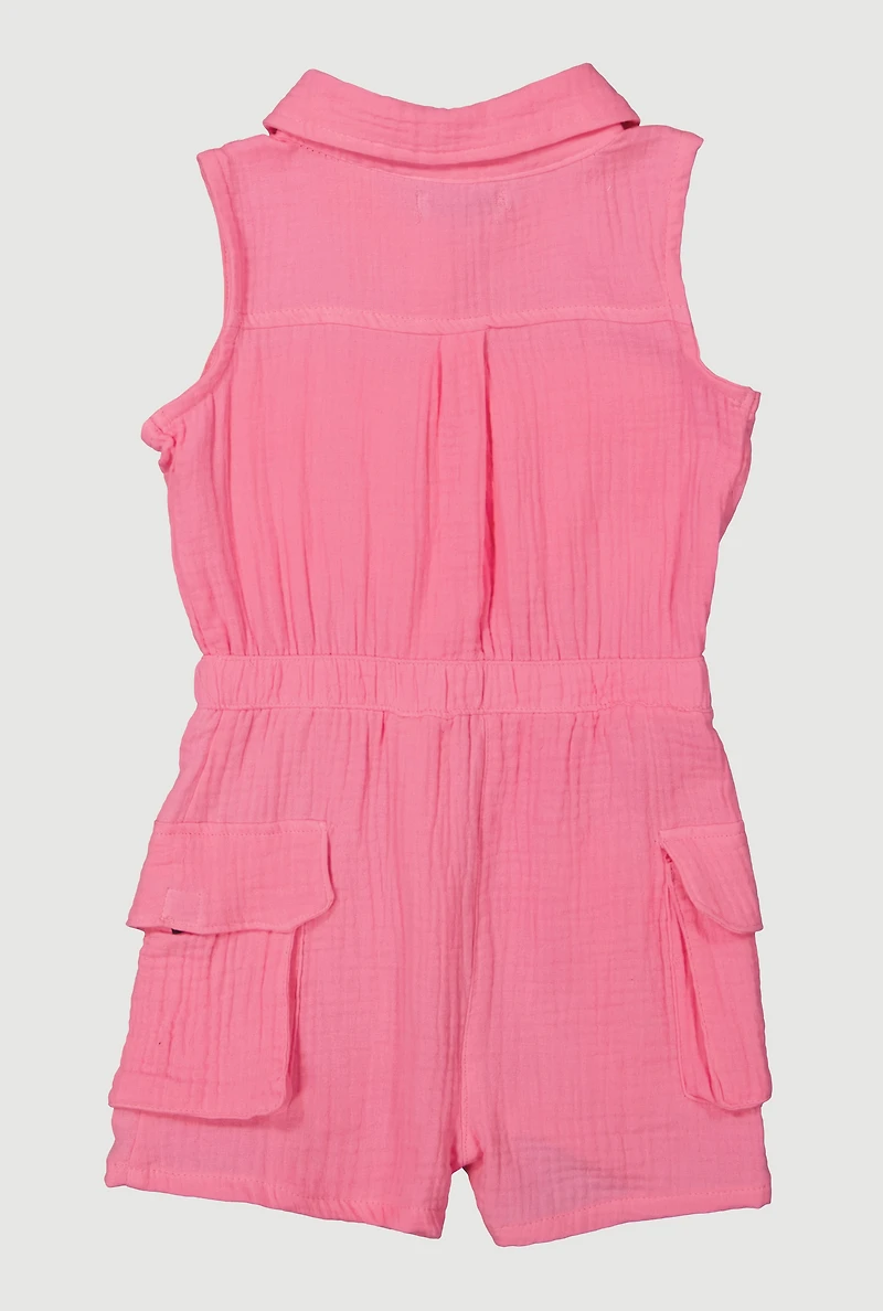Little Girls Gauze Knit Utility Romper, Pink, Size 6X