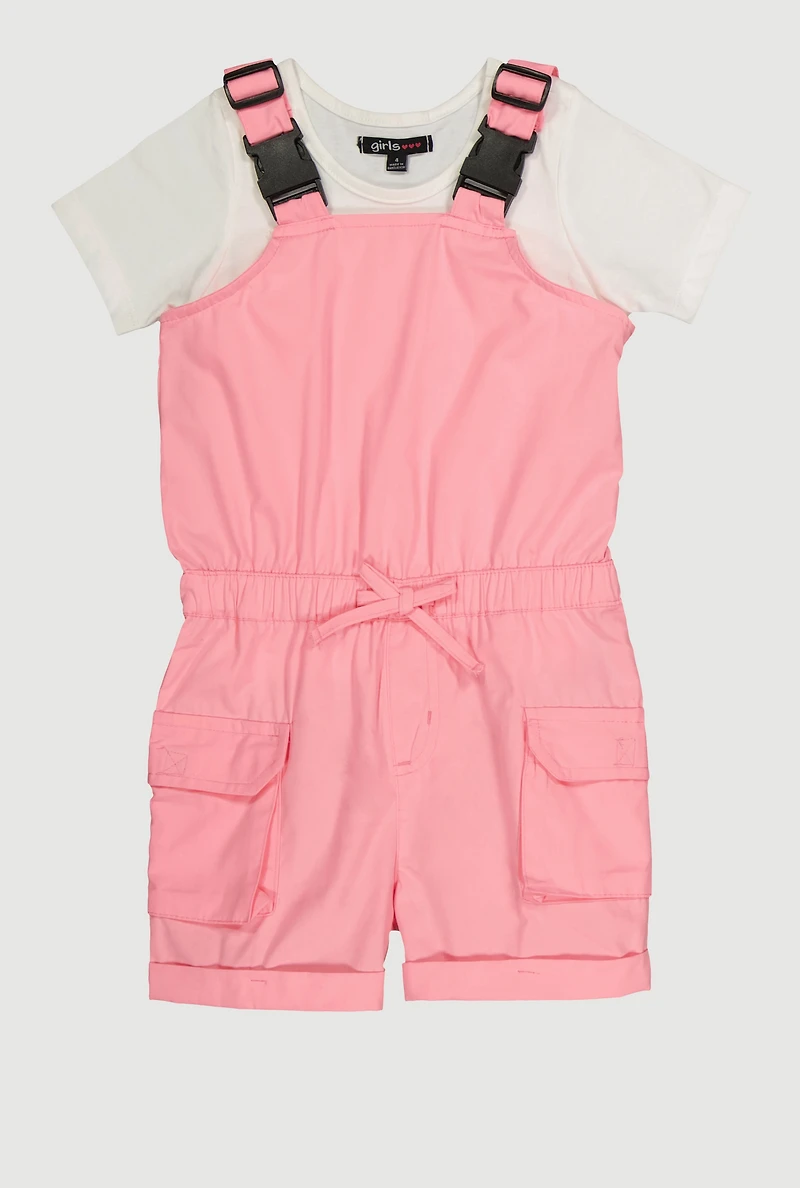 Little Girls Release Buckle Strap Cargo Romper with Top, Pink, Size 6X