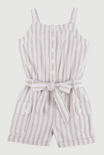 Little Girls Lurex Striped Cargo Pocket Romper, Beige, Size 6X