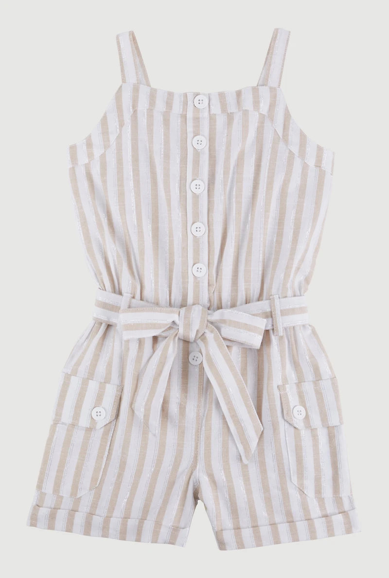 Little Girls Lurex Striped Cargo Pocket Romper, Beige, Size 5-6