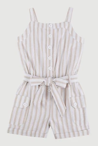 Little Girls Lurex Striped Cargo Pocket Romper, Beige, Size 4