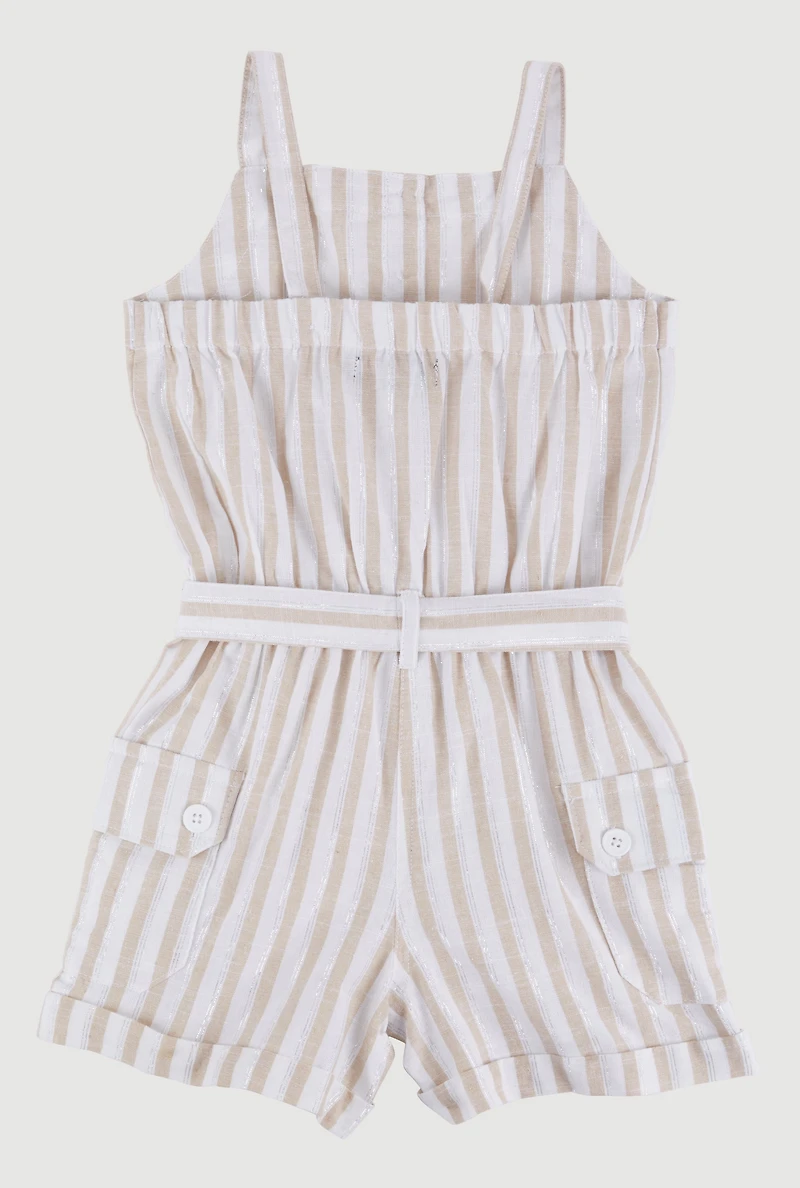 Little Girls Lurex Striped Cargo Pocket Romper, Beige, Size 5-6