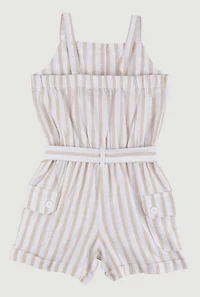 Little Girls Lurex Striped Cargo Pocket Romper, Beige, Size 5-6