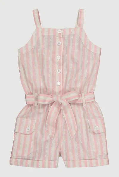 Little Girls Lurex Striped Cargo Pocket Romper, Pink, Size 4
