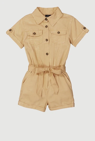 Little Girls Button Front Tie Waist Romper, Beige, Size 5-6