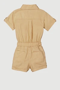 Little Girls Button Front Tie Waist Romper, Beige, Size 5-6