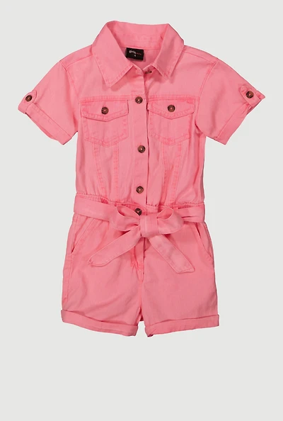Little Girls Button Front Tie Waist Romper, Pink, Size 4
