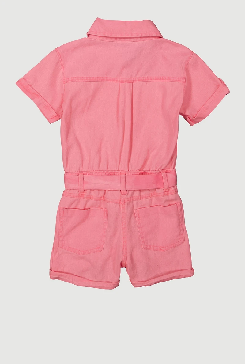 Little Girls Button Front Tie Waist Romper, Pink, Size 4