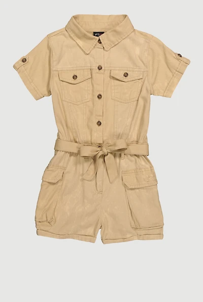 Little Girls Twill Tie Waist Belted Utility Romper,