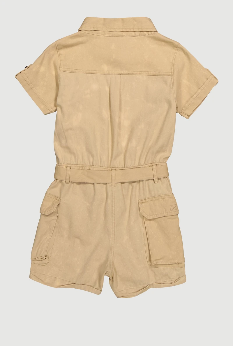 Little Girls Twill Tie Waist Belted Utility Romper