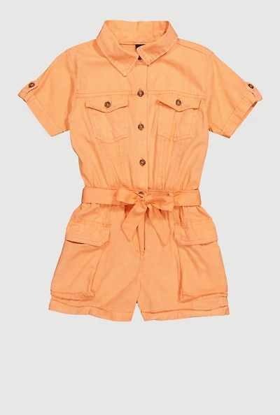Little Girls Twill Tie Waist Belted Utility Romper, Orange, Size 5-6