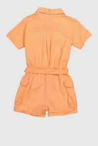 Little Girls Twill Tie Waist Belted Utility Romper, Orange, Size 4