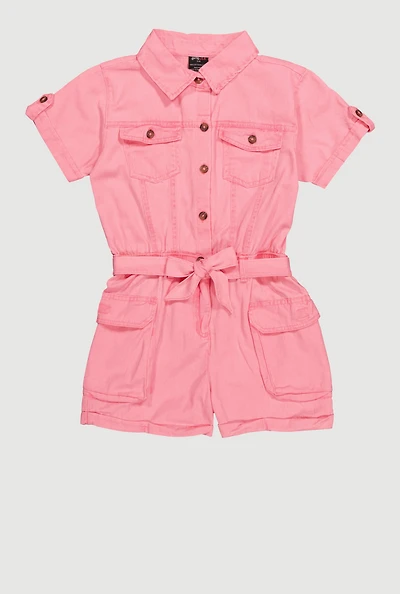 Little Girls Twill Tie Waist Belted Utility Romper, Pink,