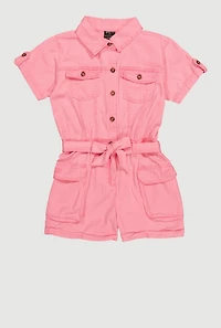 Little Girls Twill Tie Waist Belted Utility Romper, Pink,