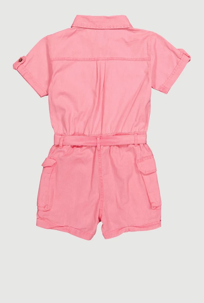 Little Girls Twill Tie Waist Belted Utility Romper, Pink,