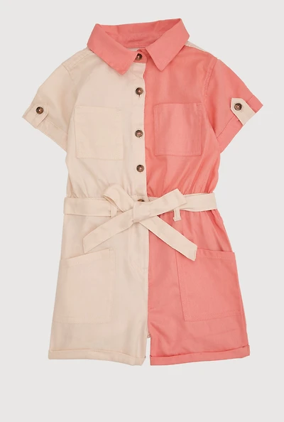 Little Girls Color Block Tie Waist Belted Romper