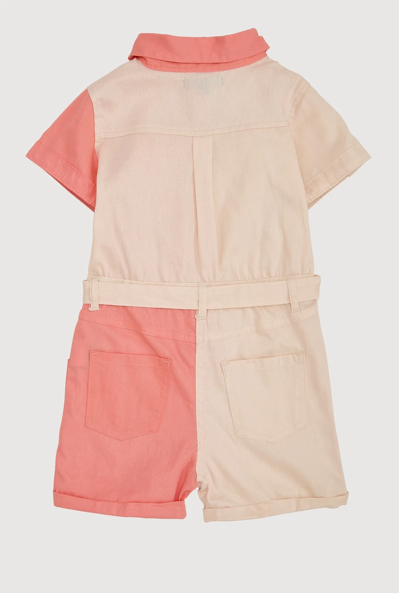 Little Girls Color Block Tie Waist Belted Romper, Multi,