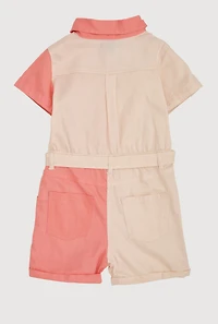 Little Girls Color Block Tie Waist Belted Romper, Multi,