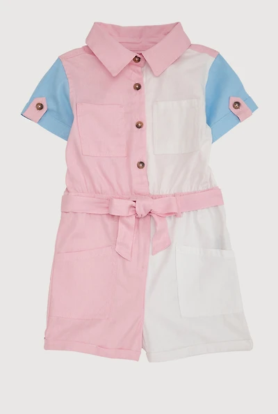 Little Girls Color Block Tie Waist Belted Romper, Multi,