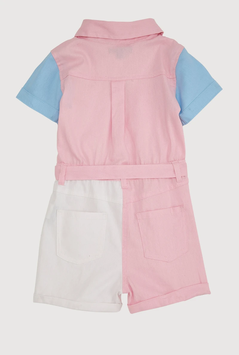 Little Girls Color Block Tie Waist Belted Romper, Multi,