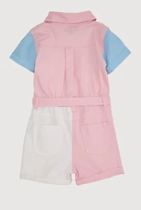 Little Girls Color Block Tie Waist Belted Romper,