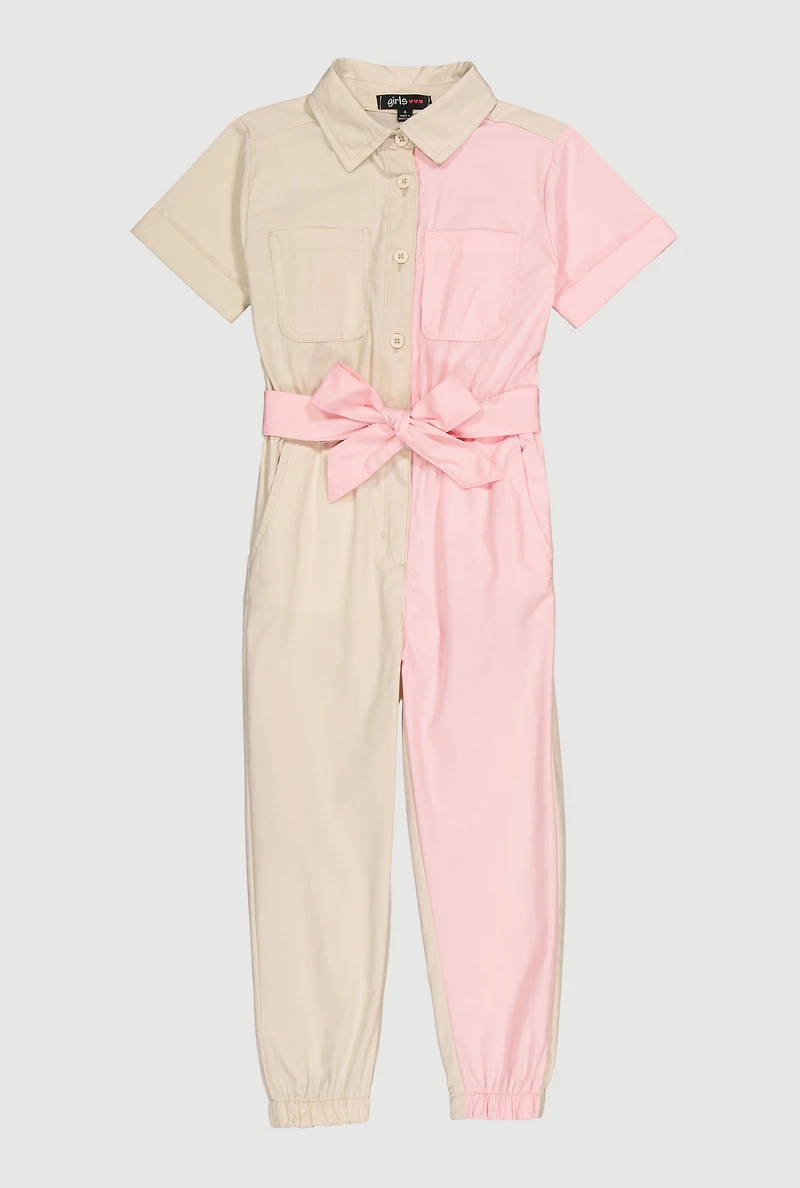 Little Girls Tie Waist Belted Jumpsuit,