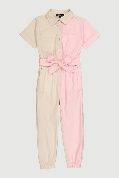 Little Girls Tie Waist Belted Jumpsuit,
