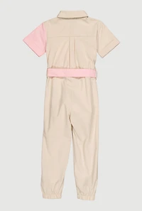 Little Girls Tie Waist Belted Jumpsuit,