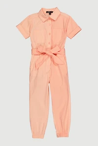 Little Girls Tie Waist Belted Jumpsuit, Orange, Size 5-6