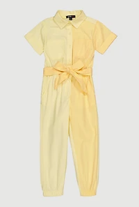 Little Girls Tie Waist Belted Jumpsuit, Yellow, Size 4