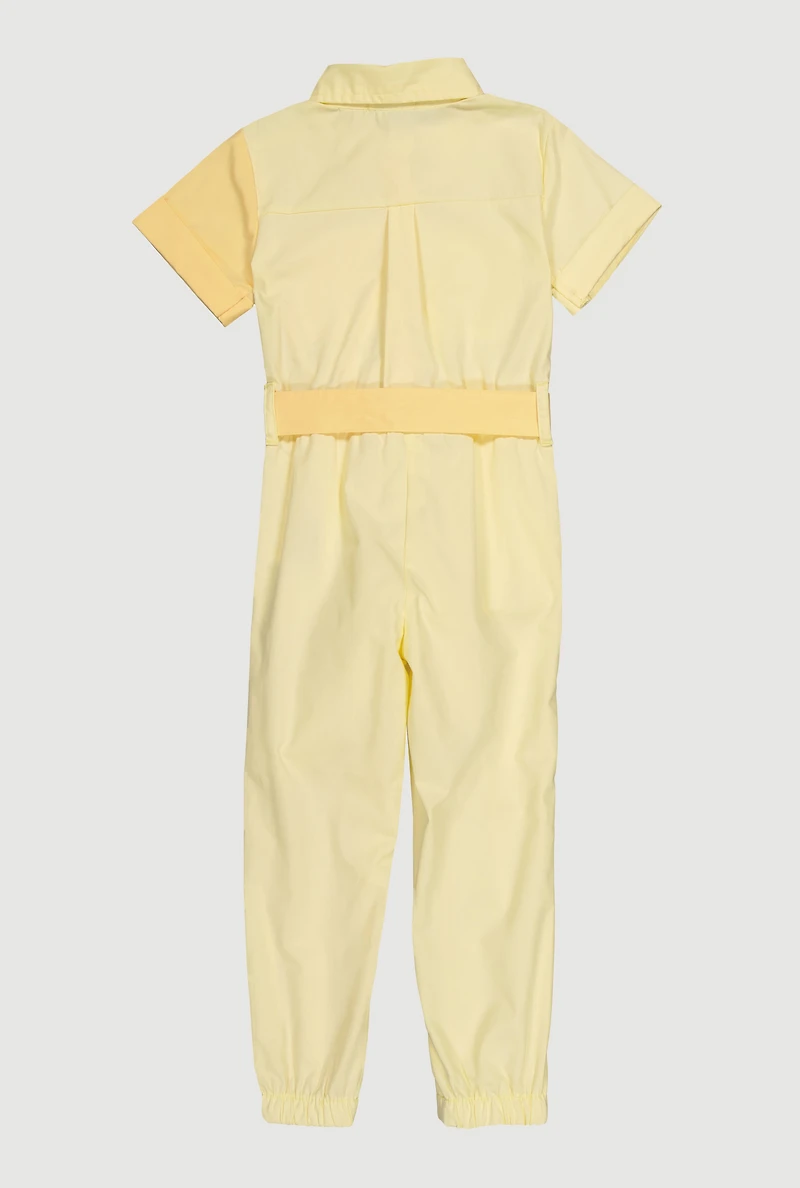 Little Girls Tie Waist Belted Jumpsuit, Yellow, Size 4