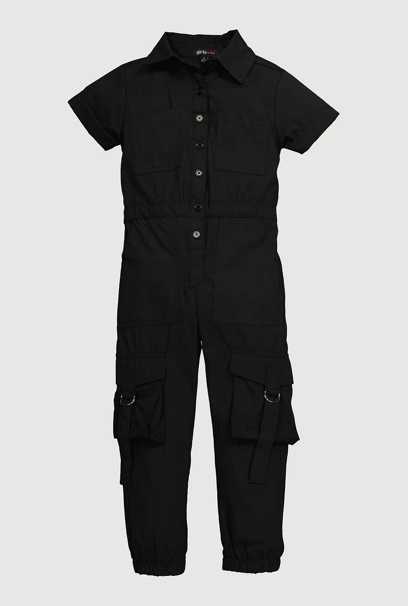 Little Girls Poplin Cargo Jumpsuit, Black, Size 4