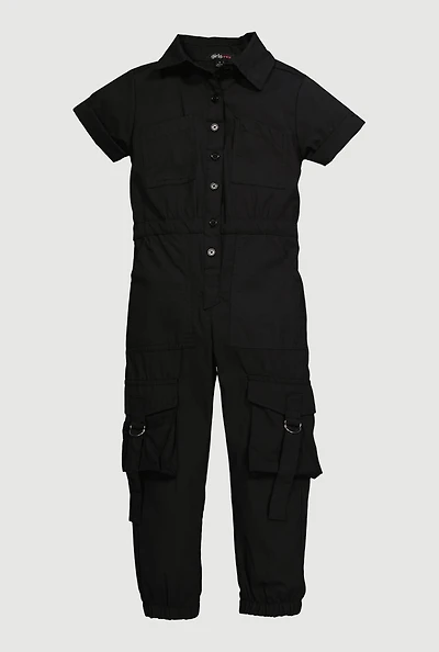 Little Girls Poplin Cargo Jumpsuit, Black, Size 4