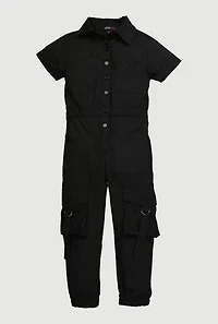 Little Girls Poplin Cargo Jumpsuit, Black, Size 4