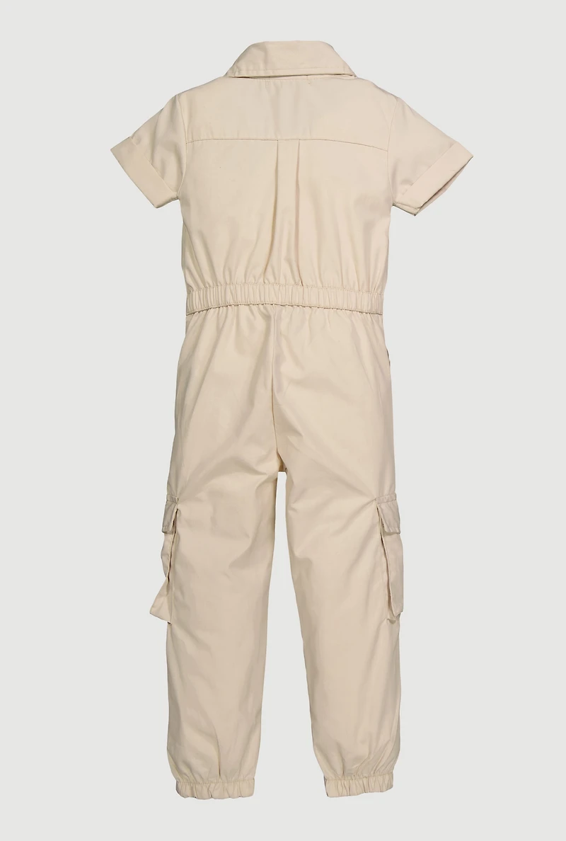 Little Girls Poplin Cargo Jumpsuit, Beige, Size 4