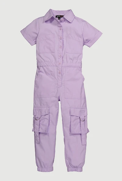 Little Girls Poplin Cargo Jumpsuit, Purple, Size 5-6