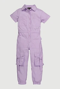 Little Girls Poplin Cargo Jumpsuit, Purple, Size 5-6