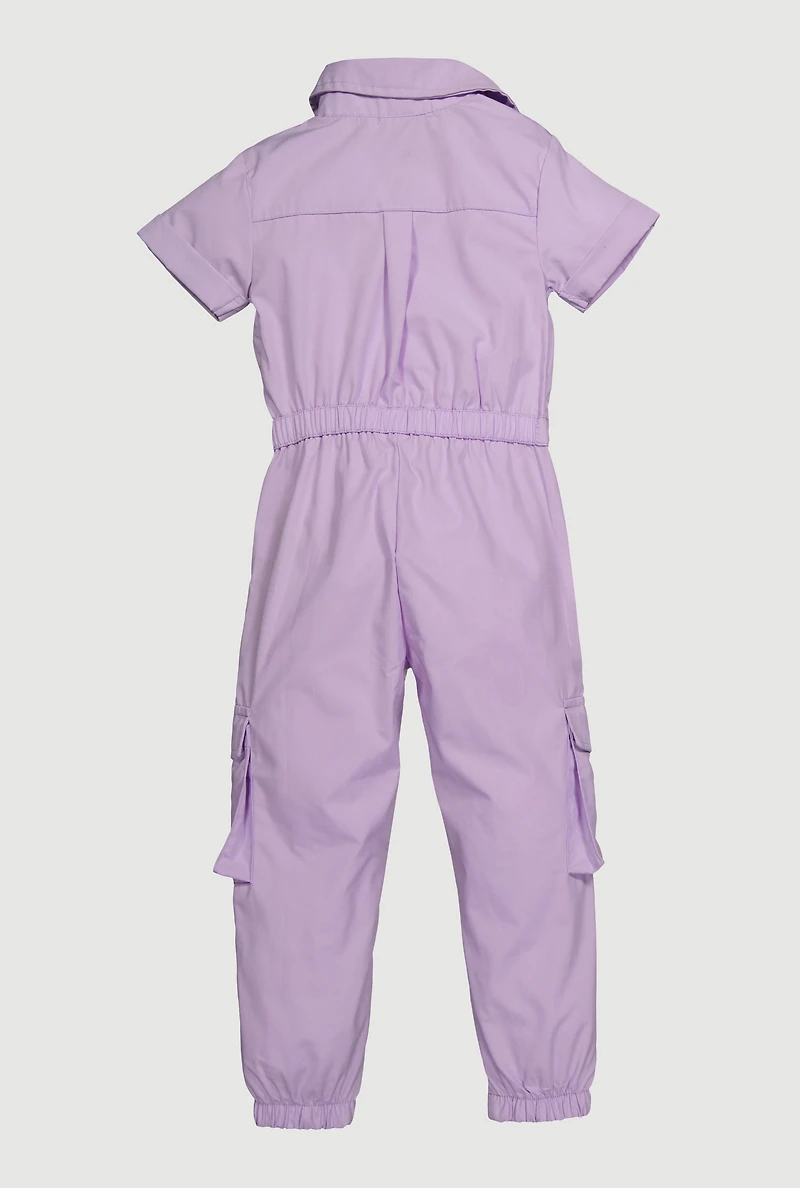 Little Girls Poplin Cargo Jumpsuit, Purple, Size 5-6