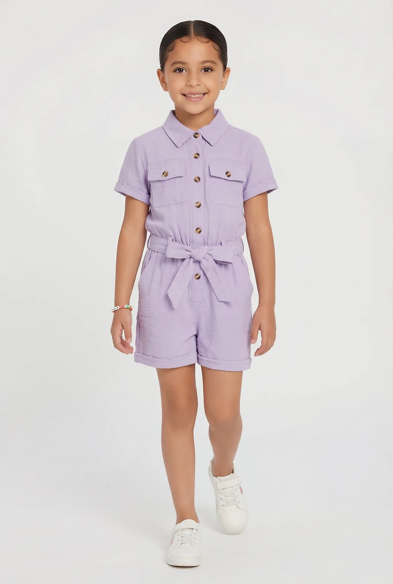 Little Girls Romper with Tie Waist Belt and Stretch Bracelet