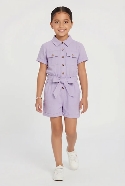 Little Girls Romper with Tie Waist Belt and Stretch Bracelet
