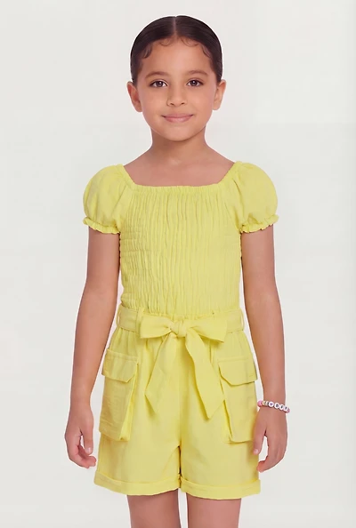 Little Girls Smocked Romper with Tie Waist Belt and Bracelet