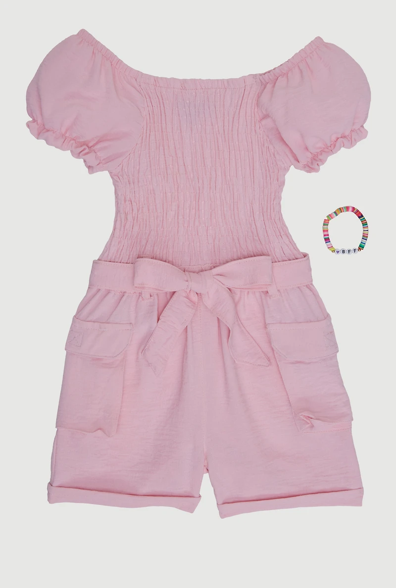 Little Girls Smocked Romper with Tie Waist Belt and Bracelet